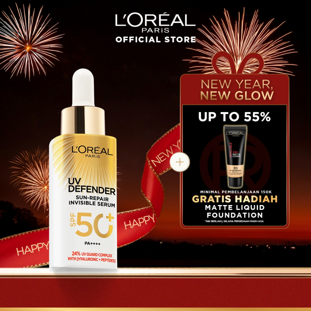L'Oreal Paris UV Serum Sunscreen SPF 50+ PA++++ - UV Defender Sun-Repair Invisible Serum 2-in-1 Skin