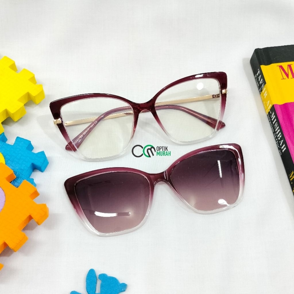 Frame wanita kacamata cat eye besar free clip on polarized 95340