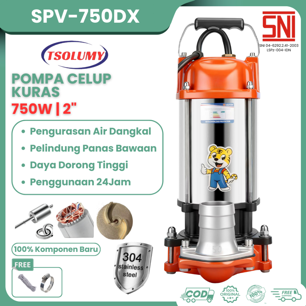 Tsolumy Pompa Celup SPV-750DX Pompa Kuras Banjir Pompa Kuras Kolam Ikan Pompa Irigasi Pompa Celup