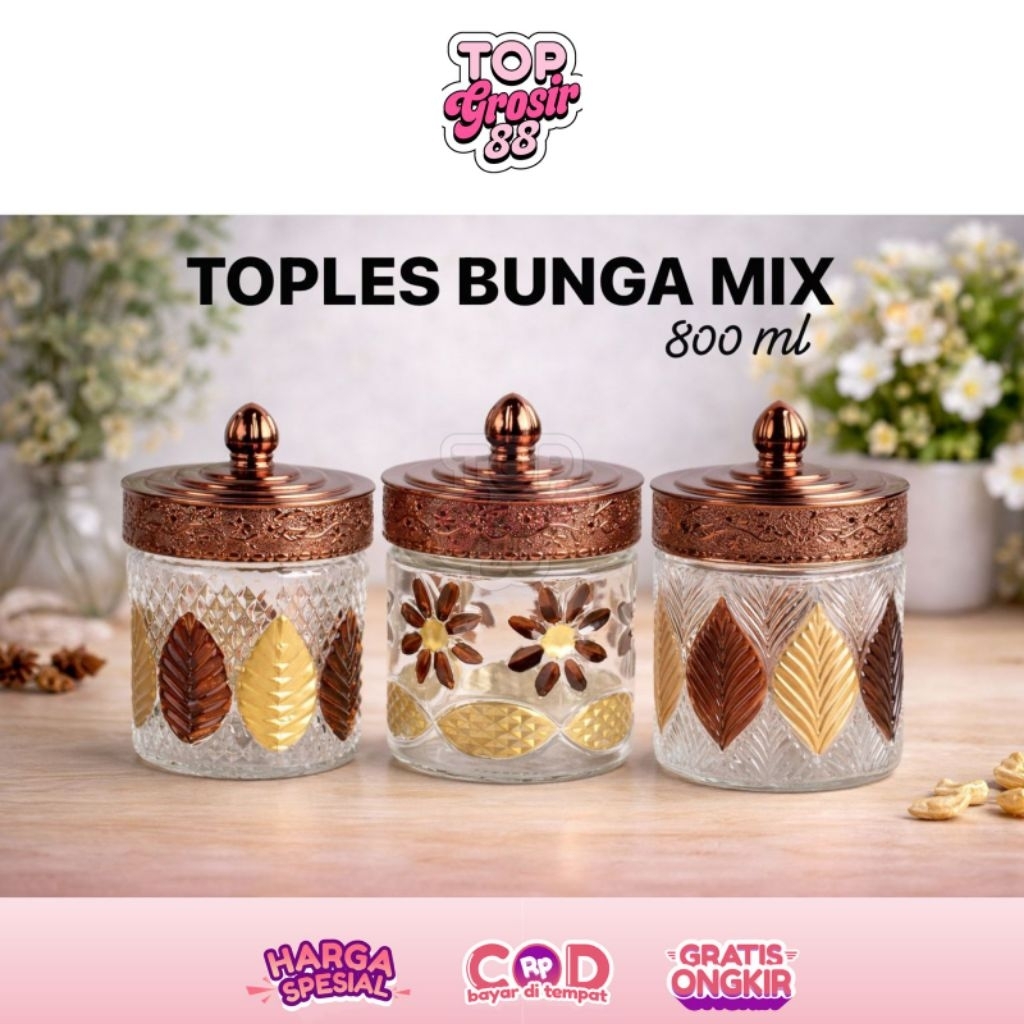 Toples kaca bunga bunga 800ml |toples kue kering |toples kaca Snack|toples kue lebaran