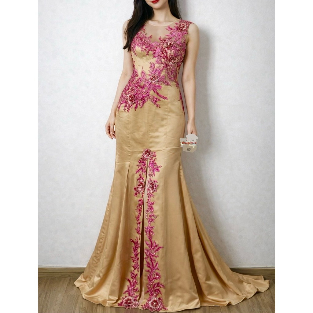 Gaun Pesta Panjang Brokat Bordir Premium – Warna Gold Pink Fuchsia