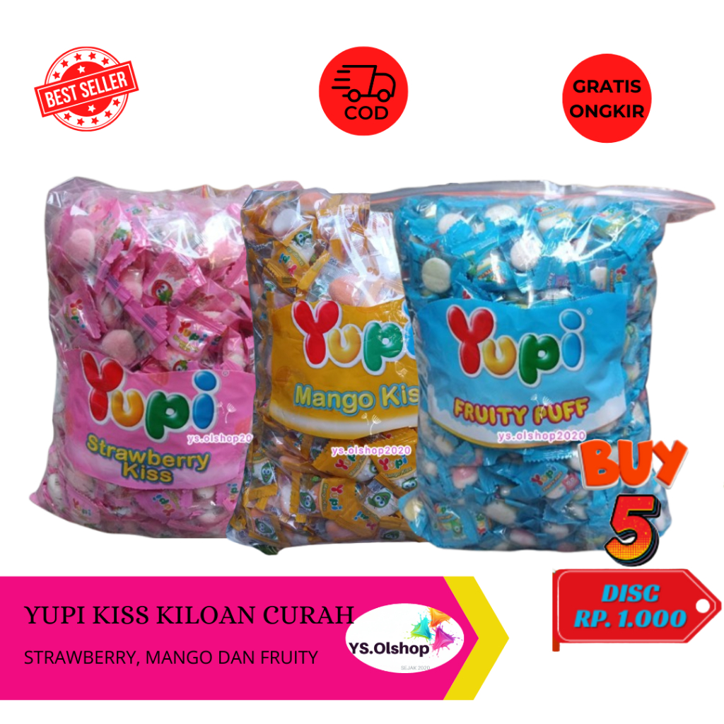 Yupi kiss Strawberry, Mango Kiss & Fruity Puff Reseller Kiloan