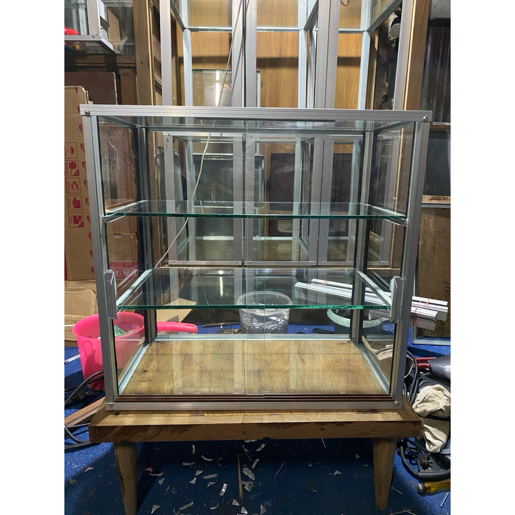 etalase kaca aluminium rak 2 serba guna, etalase rokok, sosis 42x23x14