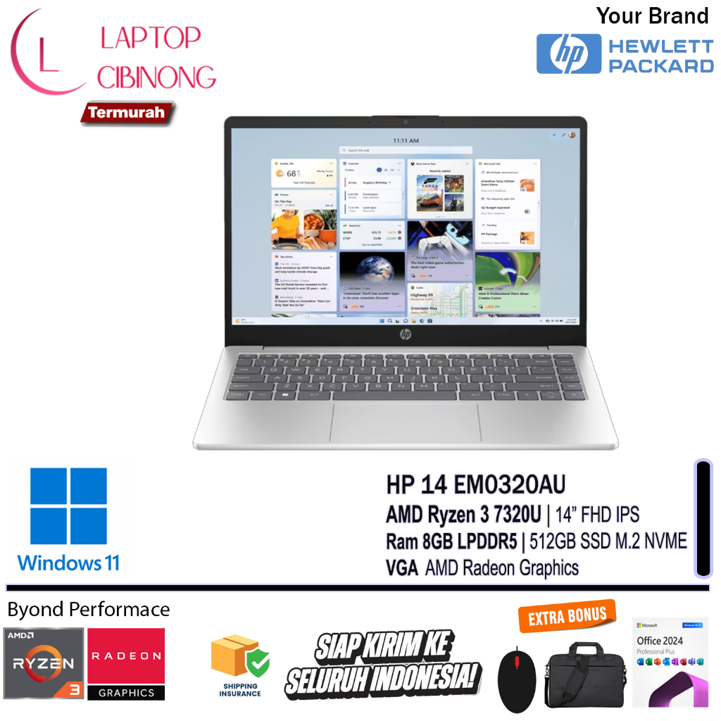 Laptop Murah Hp EM0320AU AMD Ryzen 3 7320U FHD IPS Windows 11 Office 2024 Silver
