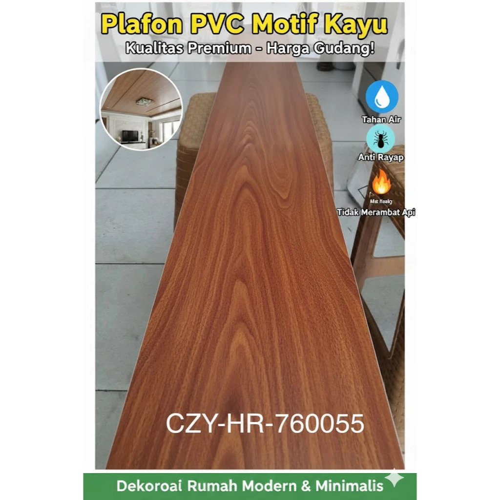 Plafon PVC Mewah Motif Kayu Kayu Jati - Plafon Minimalis Anti Rayap dan Tahan Air