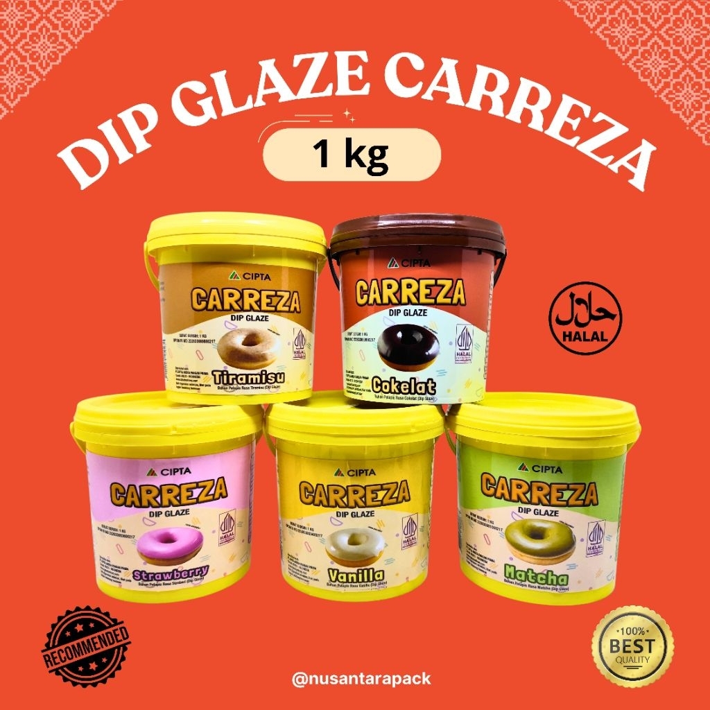 Dip Glaze Carreza 1 Kg Aneka Rasa – Glaze Donat Premium Halal | Coklat Vanilla Matcha Strawberry Tir