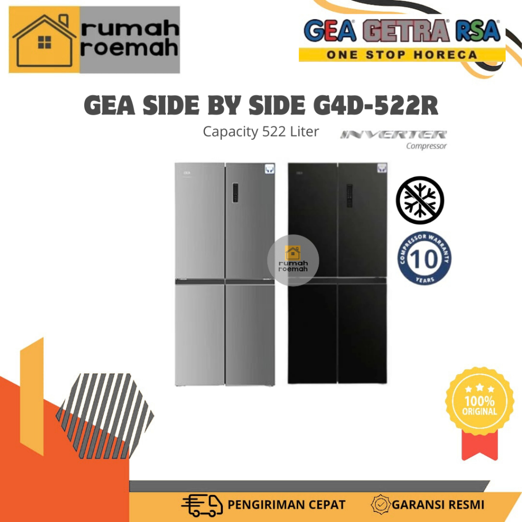 GEA KULKAS 4 PINTU SIDE BY SIDE G4D 522 INOX/BLACK GLAS NO FROST/GEA KULKAS 4 PINTU KAPASITAS 522 LI