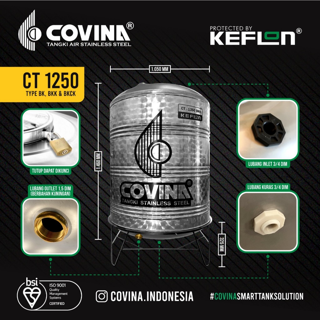 Tandon Air COVINA STAINLESS STEEL CT 1250 BK BKK BKCK Tangki Air Toren Air