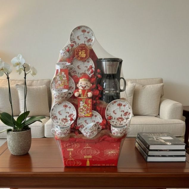 Parcel Tea Set Imlek + Coffee Maker Motif Lampion dan Bunga Teratai / Parcel Hampers Tahun Baru Imle