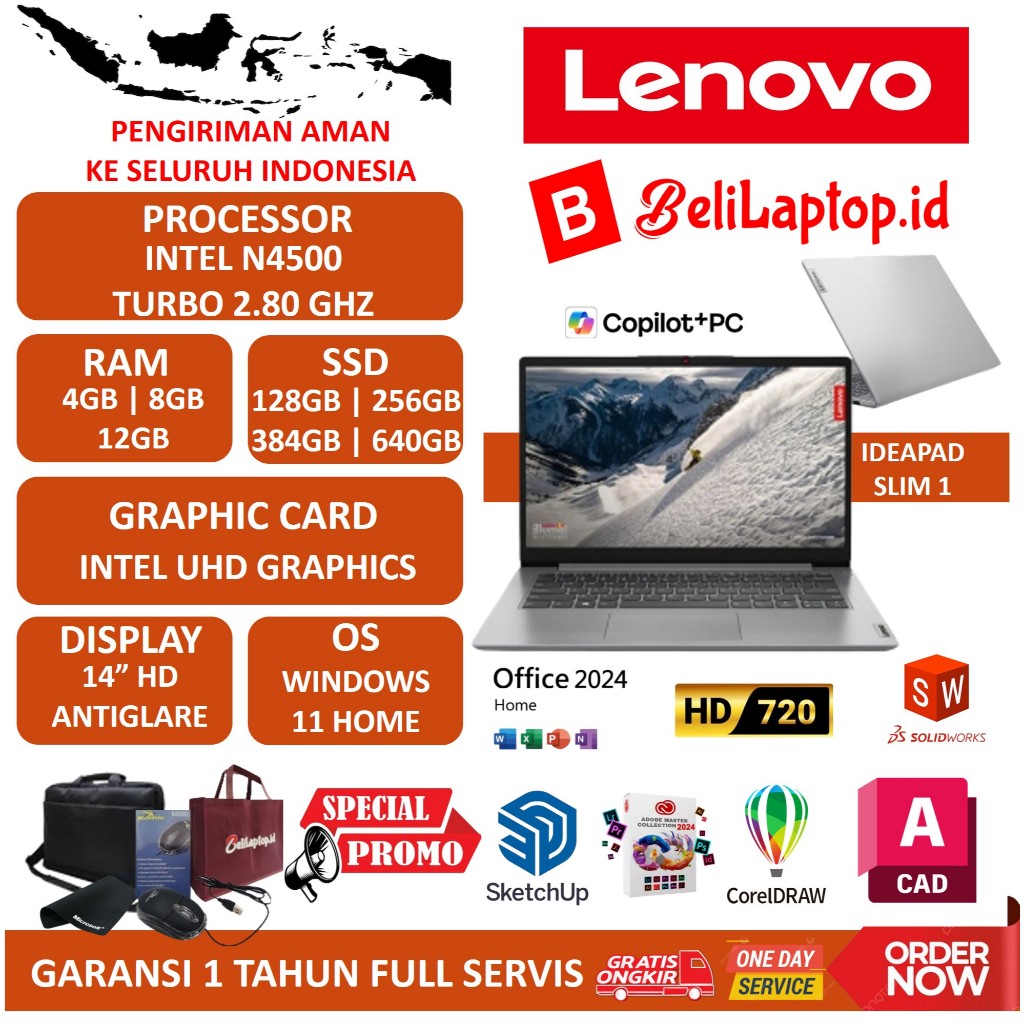 Laptop Lenovo Ideapad Slim 1 14 Intel N4500 Ram 8GB SSD 256GB Windows11
