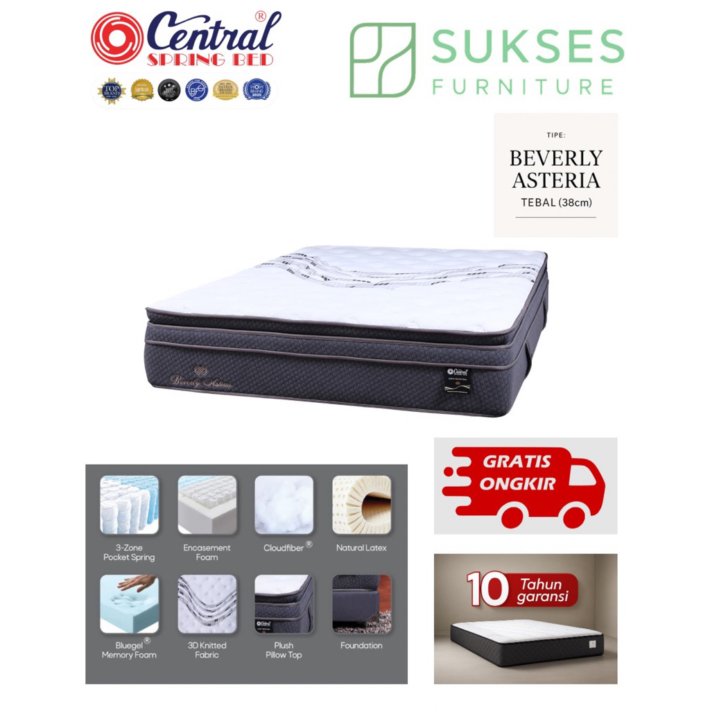 Central Springbed Beverly Asteria - Soft lembut, 38 cm, Jaring Rajut