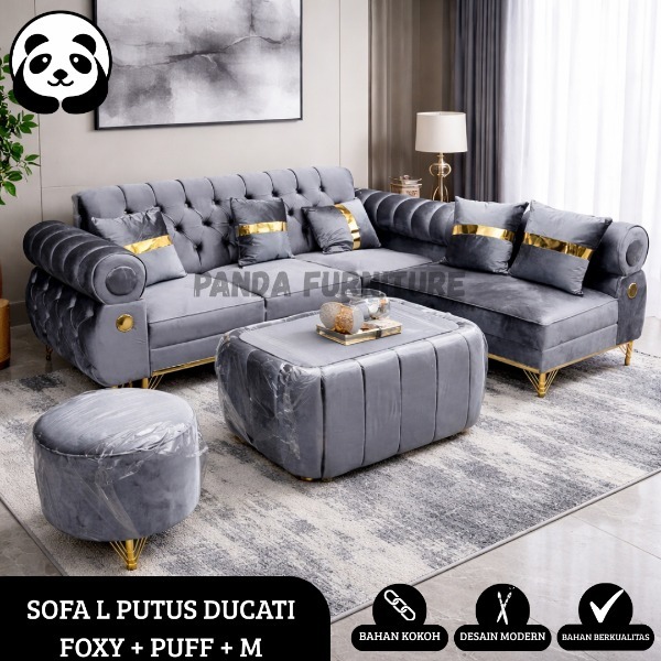 PROMO SOFA DUCATI FOXY L PUTUS PREMIUM KAIN BLUDRU + MEJA + 1 STOOL DUDUKAN + BANTALAN NYA KAIN BELU