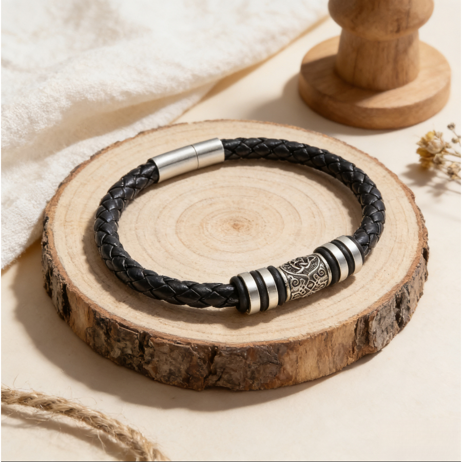 Gelang Kulit Pria Retro dalam Desain Hitam dan Perak Gelang Baja Titanium 19cm dan 21cm