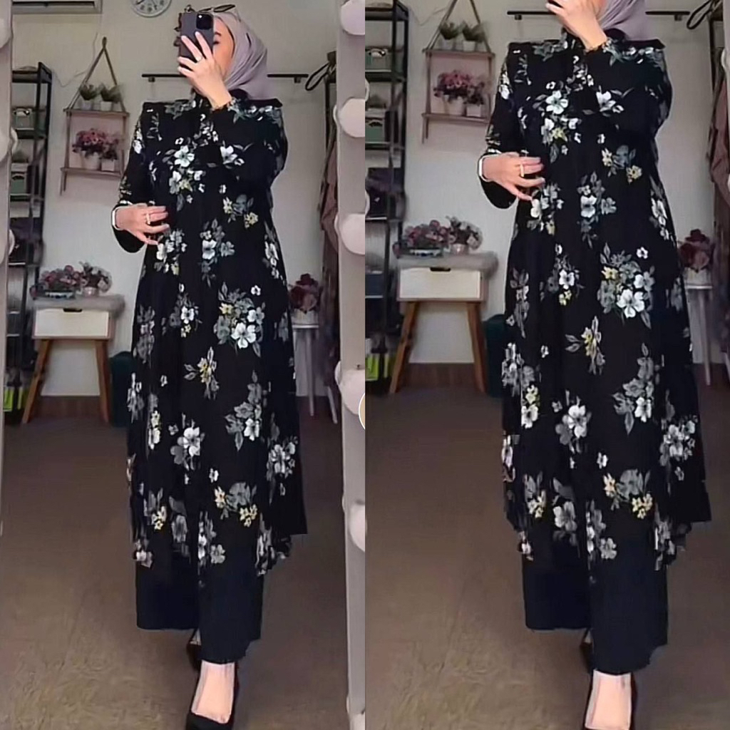 Setelan Tunik Wanita Rayon Crinkle Adem Nyaman - Ilegan Mewah Busui Frindly Motif Bunga // Kia Set T