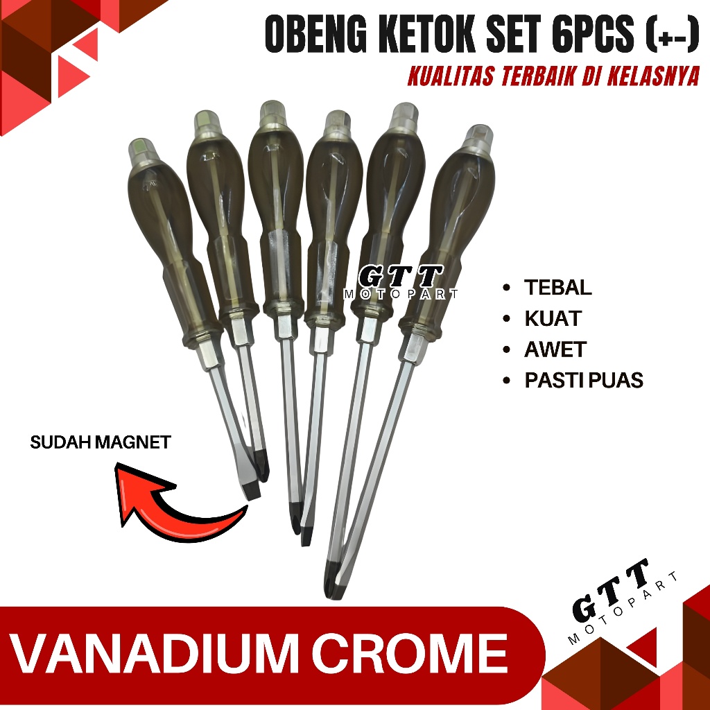 Obeng ketok set 6 pcs plus minus VANADIUM CROME obeng Ketok plus obeng minus