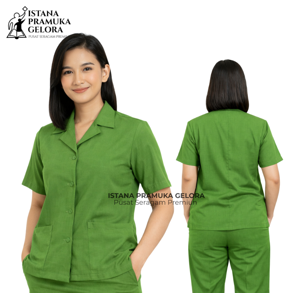 Seragam Linmas Hijau Wanita Lengan Pendek Dan Celana Panjang  / Stelan Satlinmas /Seragam Hansip Ser