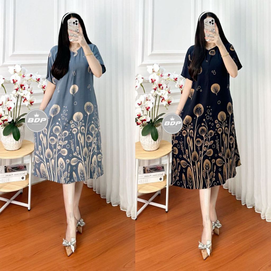 Daster Chibi Rayon Resleting Depan Busui Friendly Tali Pinggang Kanan Kiri Bahan Santung Rayon Tebal