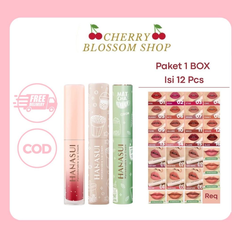 [PAKET 1 BOX ISI 12] HANASUI LIP CREAM ALL SERIES - LIPCREAM MATTE, BOBA, MATCHA