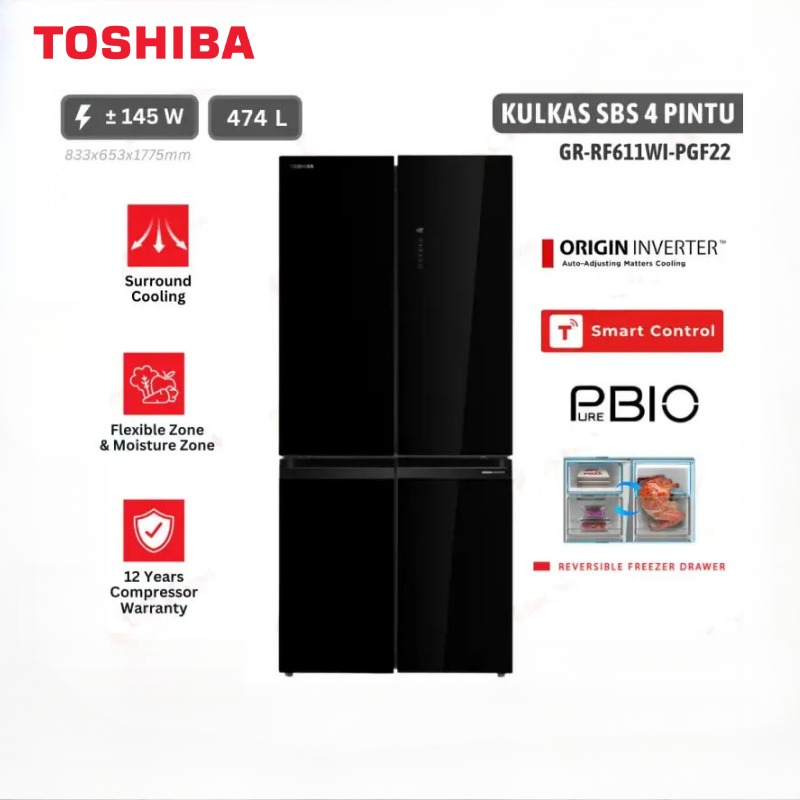 Toshiba Kulkas Multi Door 4 Pintu Kaca 474L Inverter Hemat Listrik Tanpa Bunga Es GR-RF611WI-PGF
