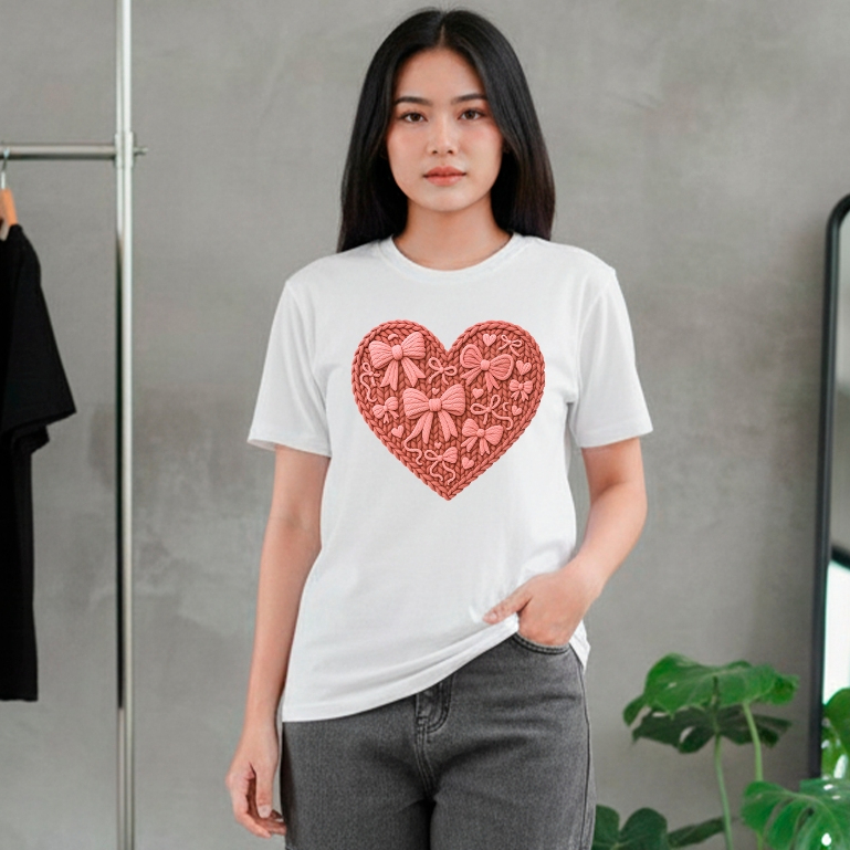 T-shirt Lengan Pendek Wanita Motif Cantik Love Efek Rajut Bahan Combed Tebal Nyaman Di Pakai / Kaos 