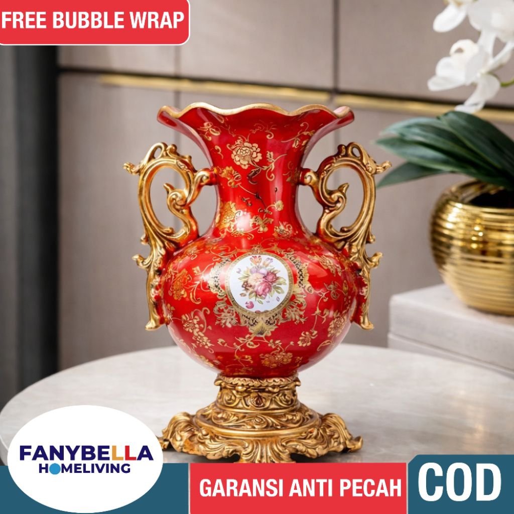 Vas Bunga Keramik Guci Porselen Antik Merah Gold Mewah Import Dekorasi Hiasan Rumah