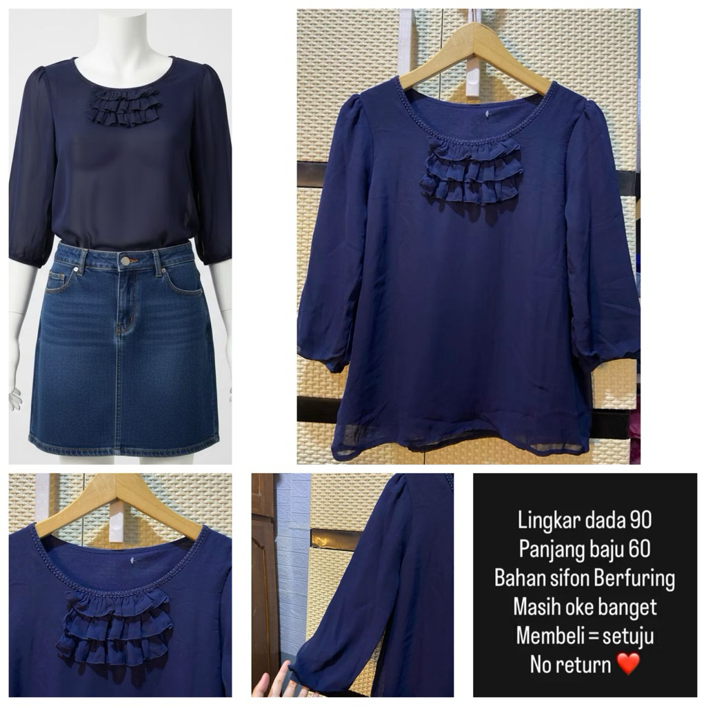 PRELOVED BLOUSE SIFON NAVY RUFFLE CAKEP