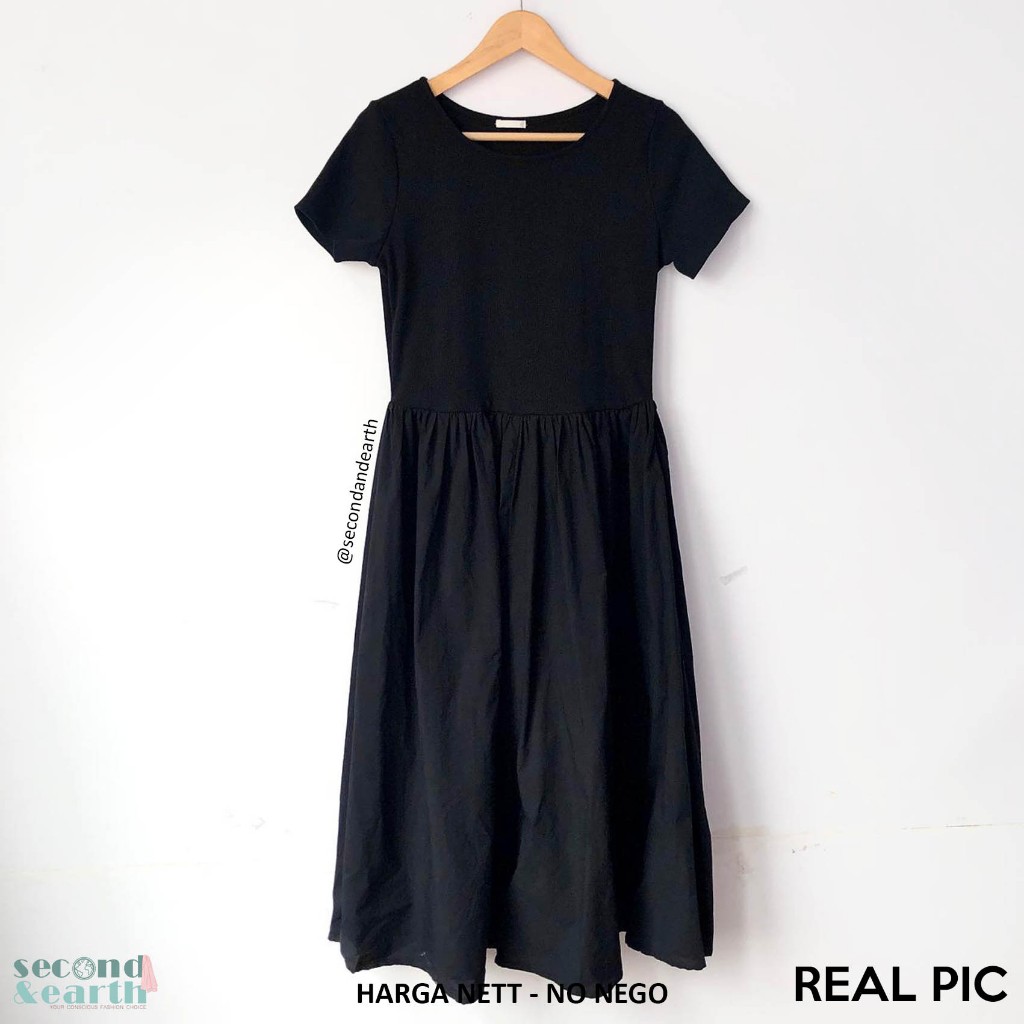 No brand Terusan Lengan Pendek [- fits XS-S] Rib Ribbed Rajut Katun Cotton Hitam Polos Midi Dress Hi