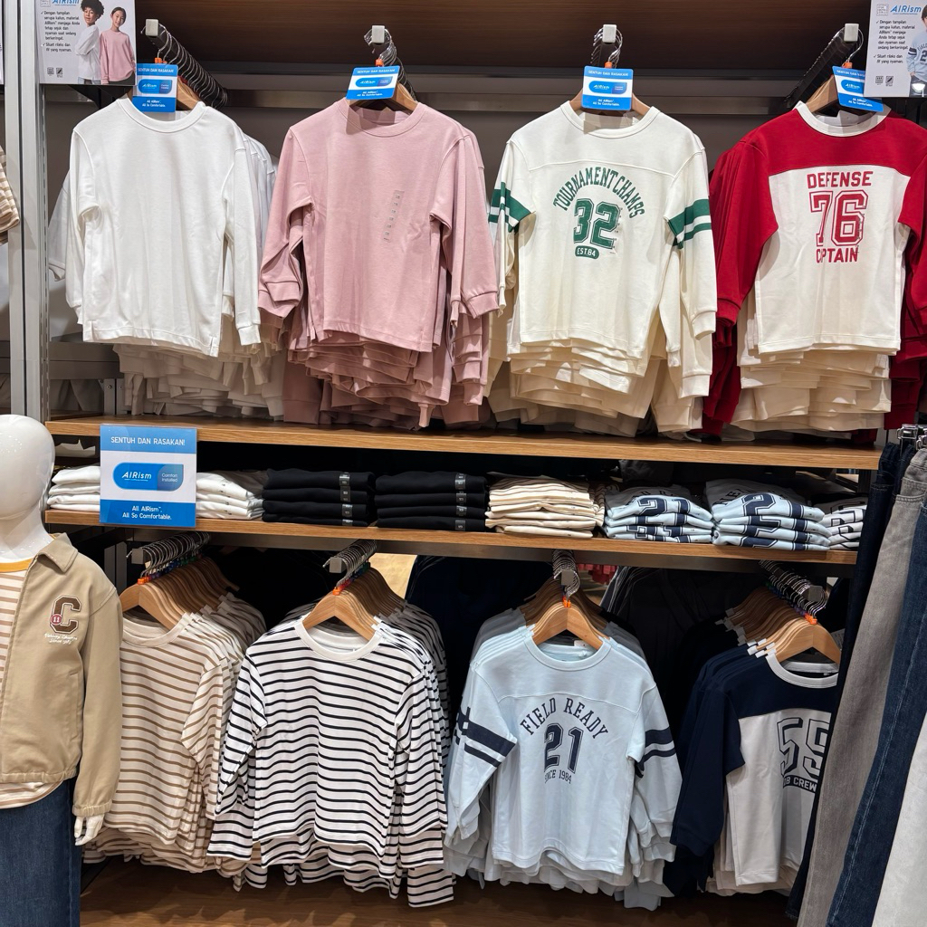 kaos t-shirt airism kerah bulat polos dan garis uniqlo kids anak lengan panjang