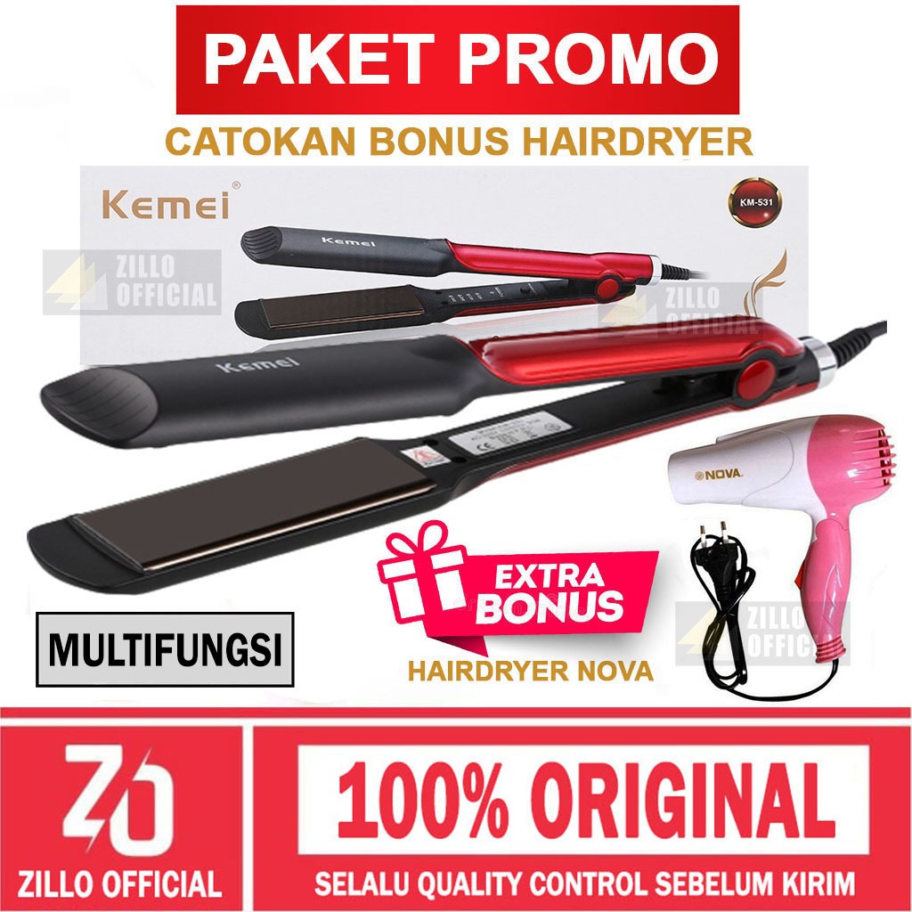 KEMEI Catok Pelurus Rambut BONUS Hairdryer Catok 2 Fungsi Lurus Dan Keriting Curly Zillo Official
