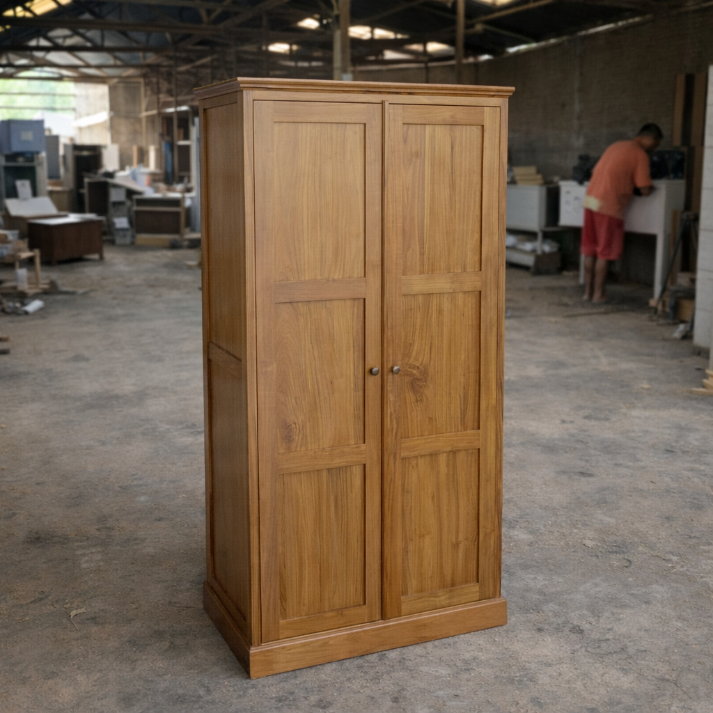 Lemari Pakaian Anak 2 Pintu Kayu Jati Minimalis - Almari Kost Jati Murah - Rak Baju Jati Warna Natur