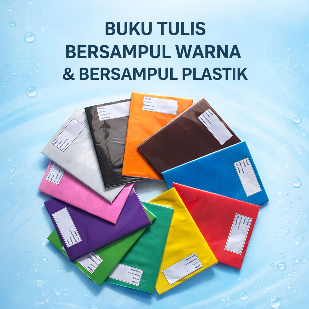Buku tulis sudah disampul warna dan sampul plastik