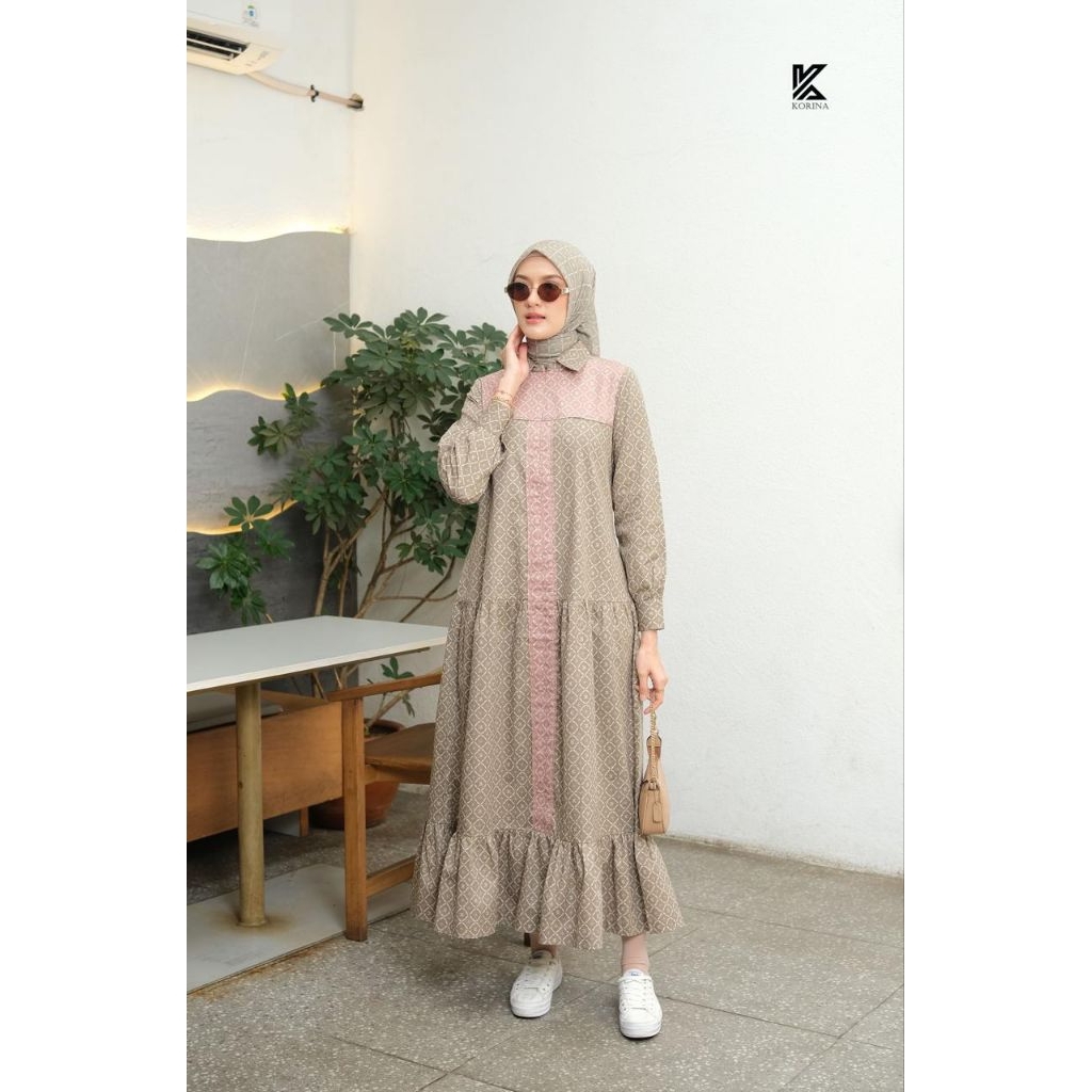 Delia midi dress by korina, midi dress motif, midi dress korina, midi cantik, gamis lebaran