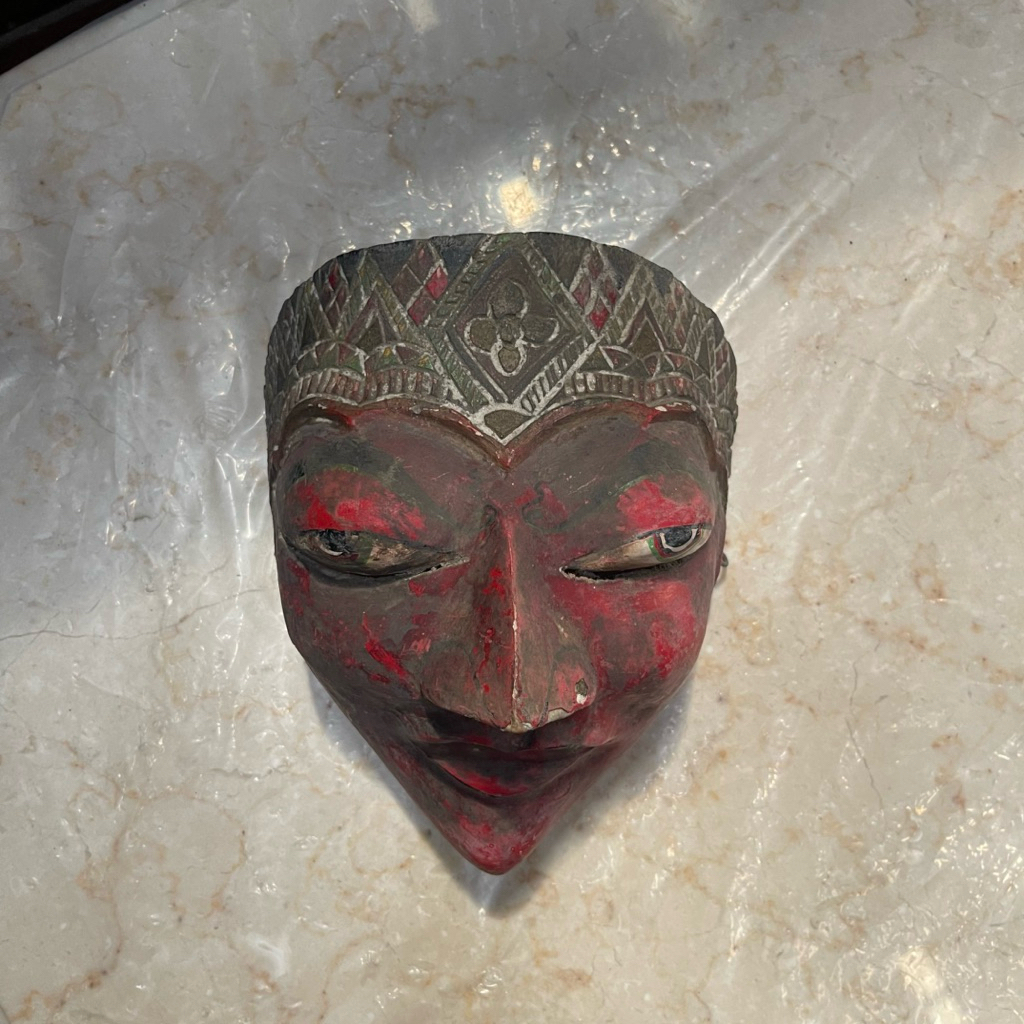 Topeng Kayu Panji Jawa Warna Merah Lawas Jadul Tua