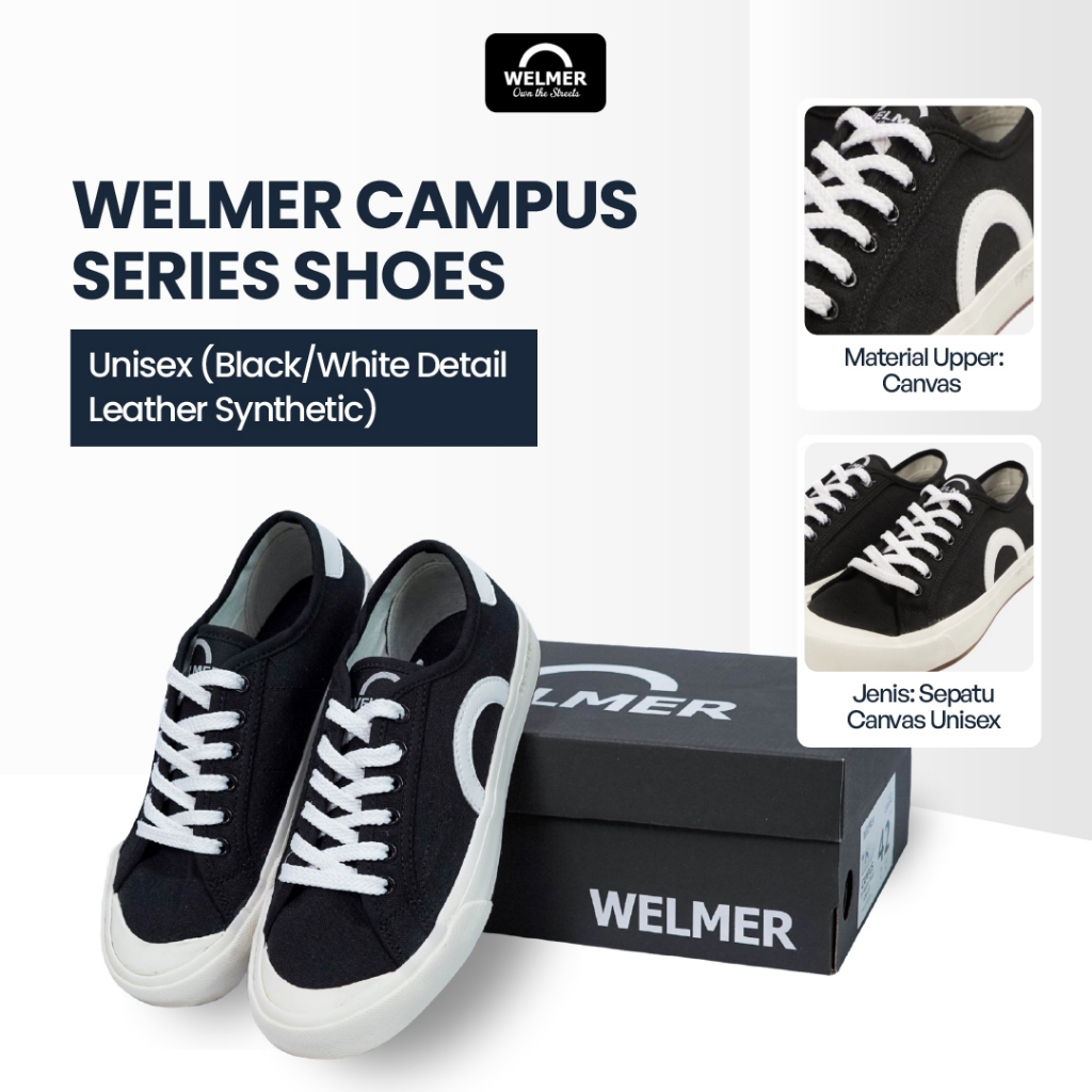 Sepatu Unisex Sneakers Pria Wanita Black / White WELMER Campus Series Kanvas Cowok Corduroy Low Cut 