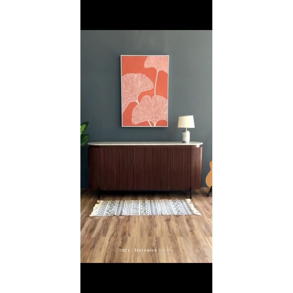 Bufet jati salur top marmer asli, bufet oval minimalis kayu jati