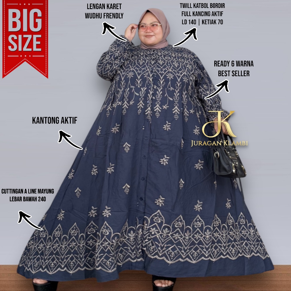 Gamis Jumbo LD 140 Katbol Bordir Premium Full Furing HQ Estimasi BB 80-140KG+  By Juragan Klambi