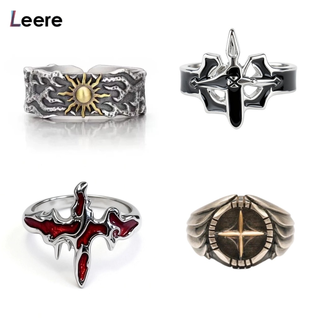 LEERE -Cincin Titanium Matahari Jam Starburst Bentuk Terbuka Gaya Retro Punk Ring Cincin Pria Punk R