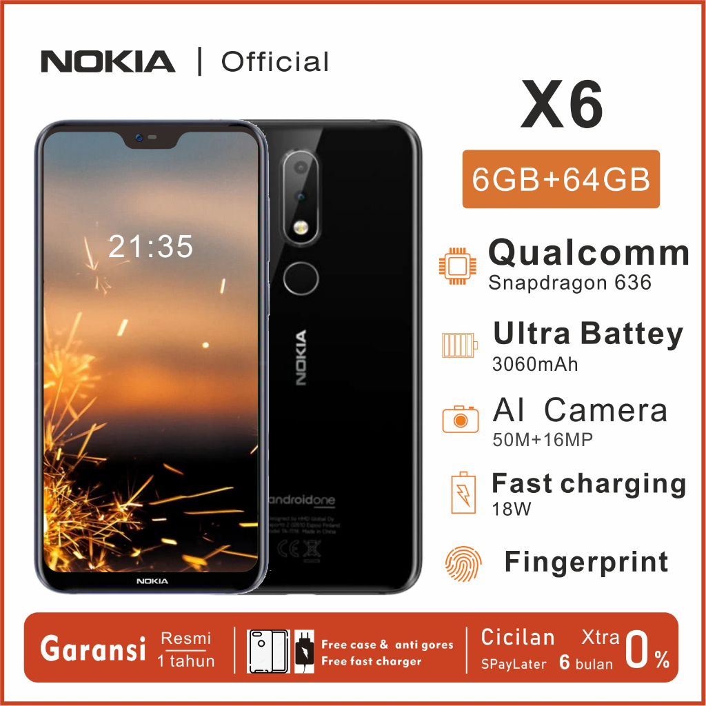 Nokia x6(6.1plus) ori ram 6GB/rom64GB dual sim type c  dual kamera fingerprint  4G LTE hp murch