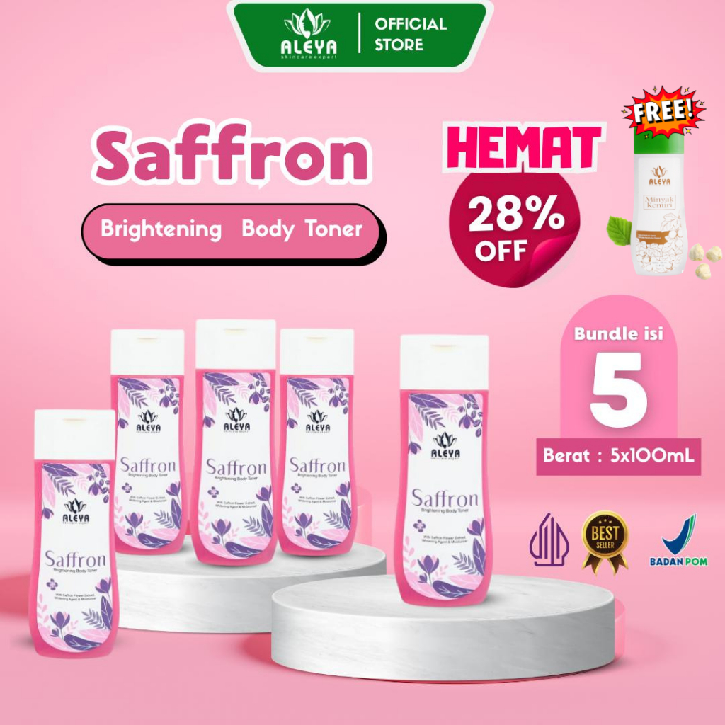 [ISI 5] ALEYA Toner Badan Saffron (5x100ml) + [FREE] MINYAK KEMIRI - Mencerahkan Badan Tanpa Pengelu