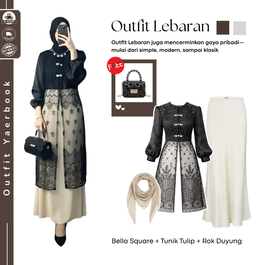 Loveya Setelan Brukat Lamaran Couple ( Hijab Bella Square + Tunik Tulip + Rok Duyung ) Setelan Lebar
