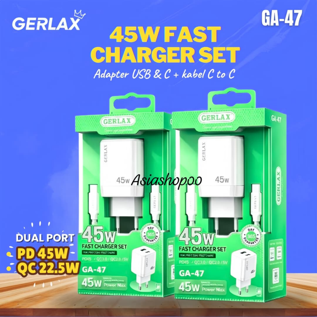 GERLAX GA-47 Charger Dual Port USB-C 45W USB-A 22.5W Fast Charging Free Kabel C to C 66W