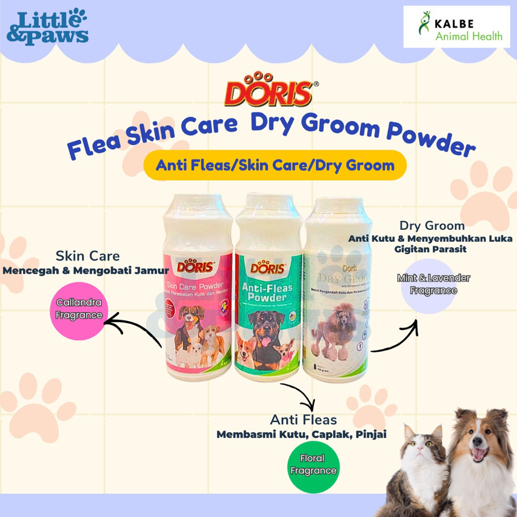 Doris Flea Skin Care Dry Groom Powder Obat Bedak Anti Gatal Kucing Anjing Jamuran Jamur Pembasmi Kut
