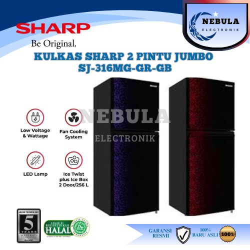 KULKAS SHARP 2 PINTU JUMBO SJ-316MG-GB/GR / LEMARI ES 2 PINTU SHARP TANPA BUNGA ES
