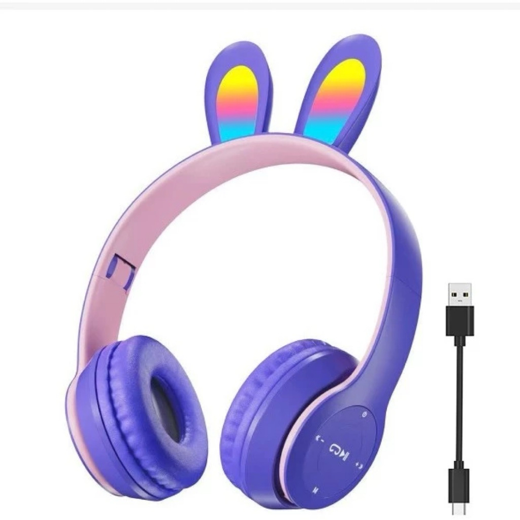 Headphone Wireless Telinga Kelinci Bluetooth V5.3 Headset Full Bass Stereo LED RGB Rabbit Ear Stereo