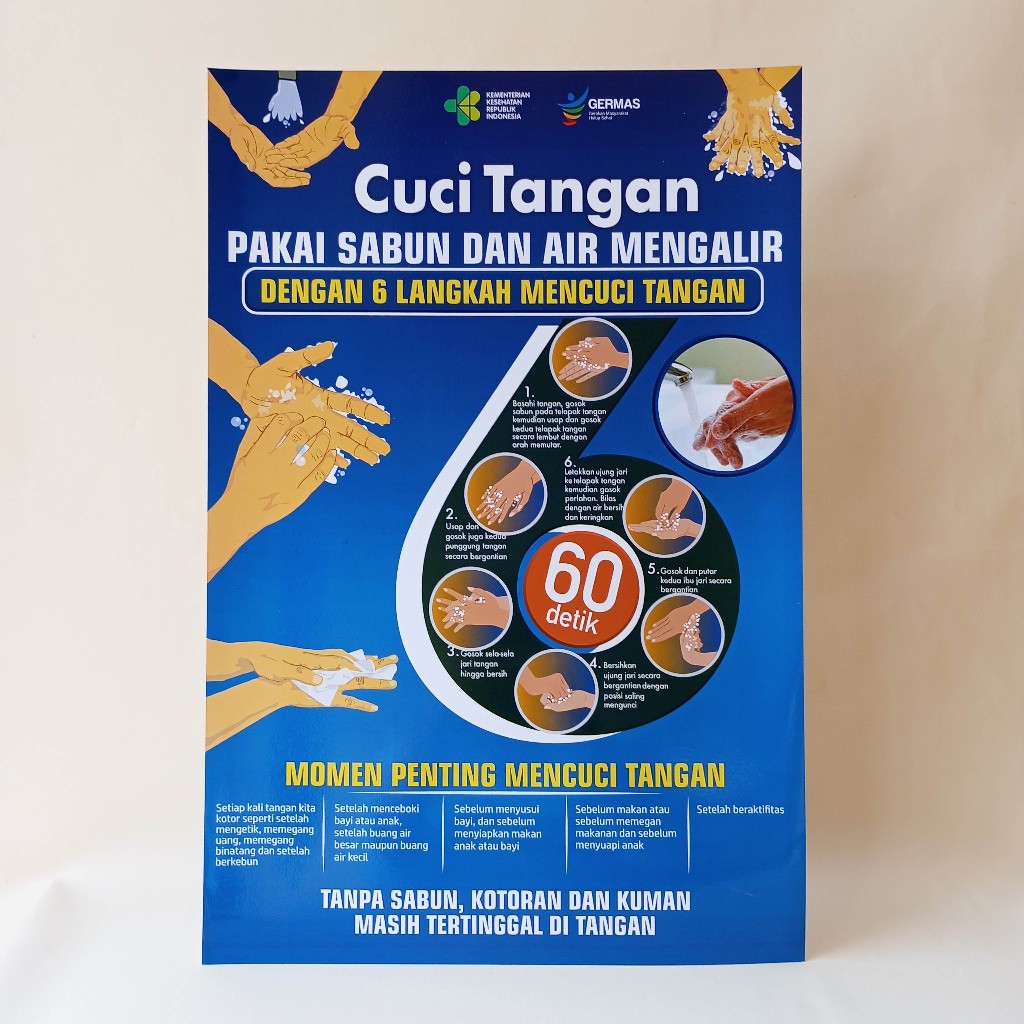 Poster Cuci Tangan 6 Langkah - Poster 6 langkah Mencuci tangan Menggunakan Sabun dengan Air Mengalir