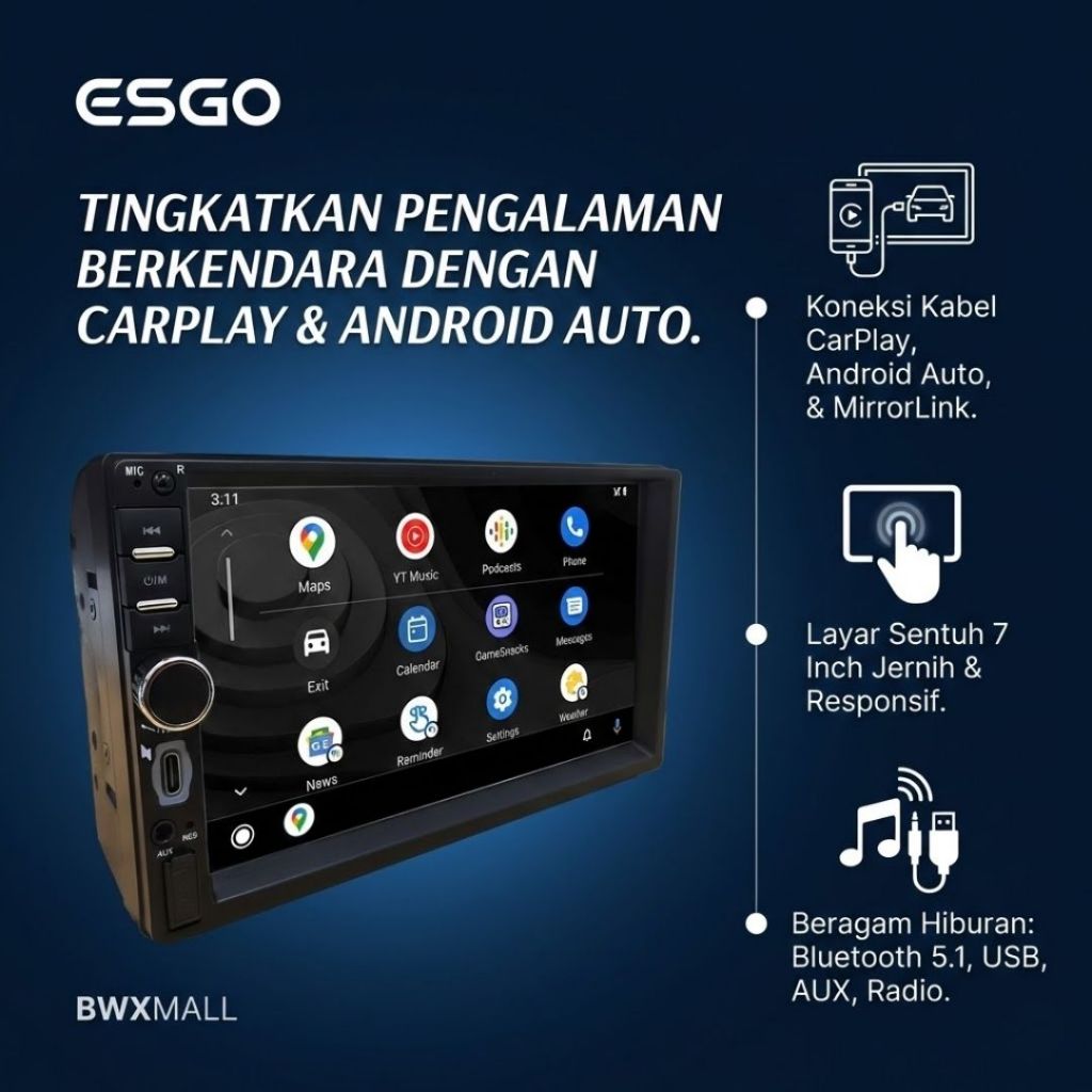 ESGO Head Unit 2DIN Android Auto CarPlay Wired Layar 7 Inch Touchscreen Tape Mobil Bluetooth 5.1 Mir