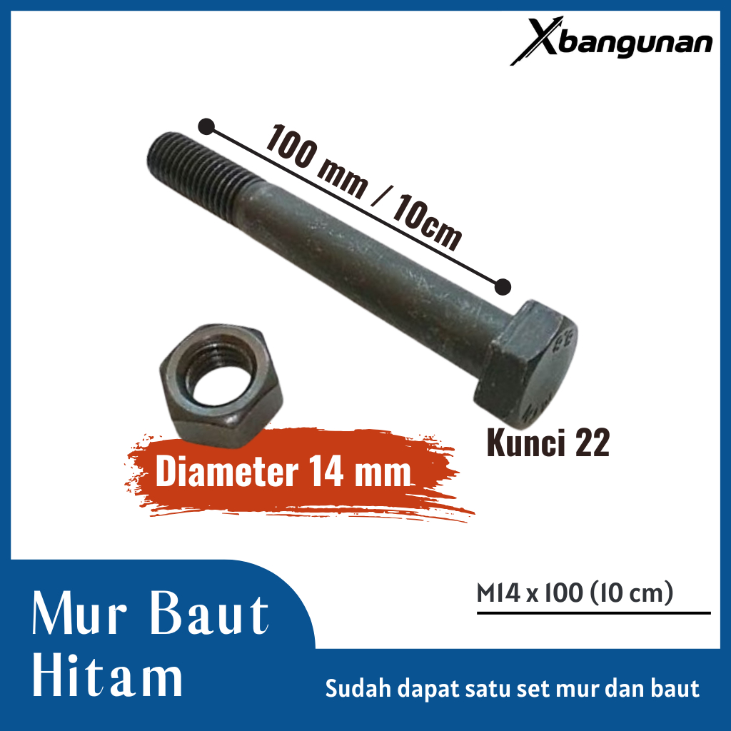 Mur Baut Hitam M14 x 100 Kunci 22 Panjang 10 cm