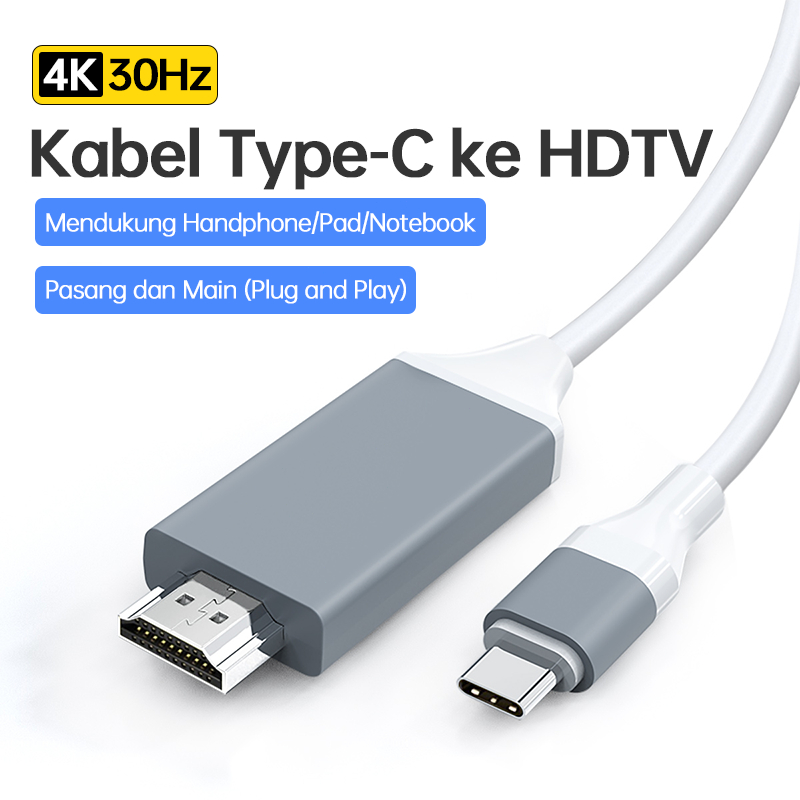 Kabel Type-C ke HDMI 4K@30Hz 2M Abu Putih untuk Laptop HP Tablet TV Proyektor