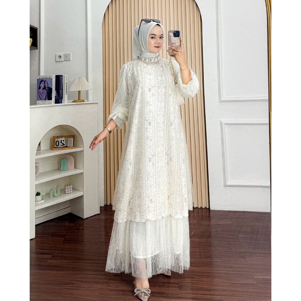 (MAUZA DRESS) - Dress Ceruty Mix Brukat Gratias Belt Mutiara Gamis Lebaran Ceruty Premium Wanita Mus