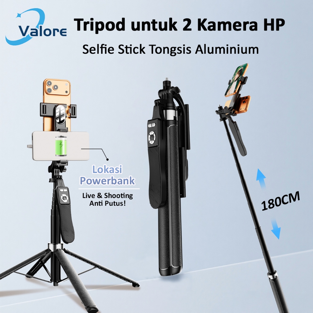 Valore Tripod 2 Ponsel Tongsis Selfie Stick 4 in 1 Tripod 4 Kaki Multifungsi Aluminium Putar 360° de